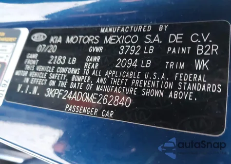 2021 Kia Forte Lxs из США, поврежденный, VIN 3KPF24AD0ME262840